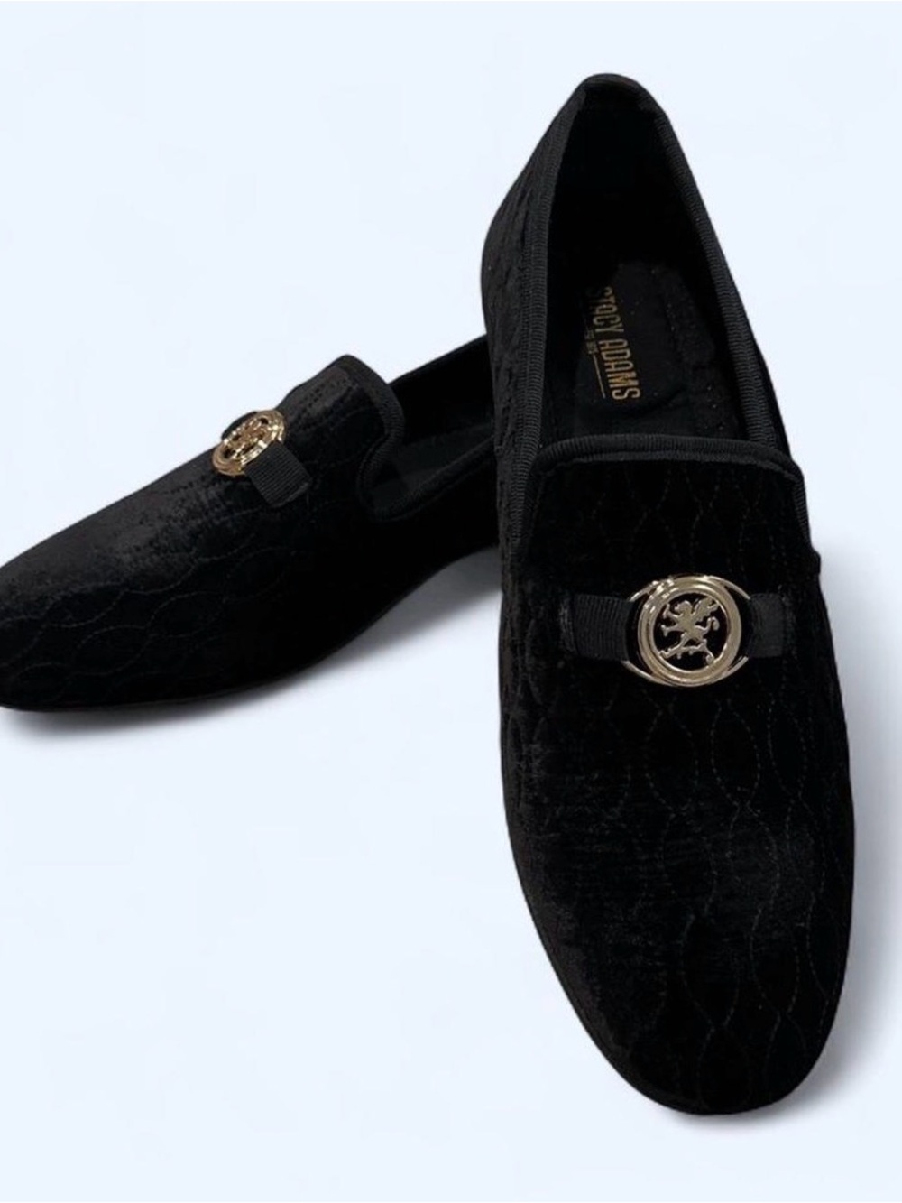 Stacy Adams Black Velvet Loafers with Gold Medallion